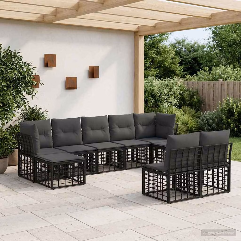 Set di divani da esterno a L vidaXL in polyrattan con pouf e cuscini, Nero e Grigio