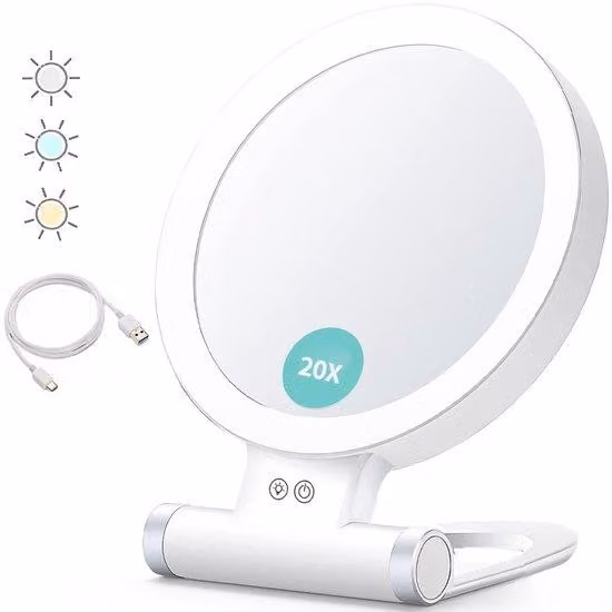 Specchio da trucco portatile con doppia ingrandimento laterale, 20x/1x, portatile, luce a 3 colori, display a sfioramento con luminosità regolabile