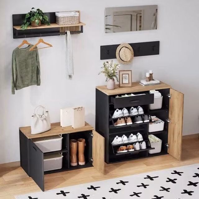 Set ingresso con appendiabiti specchio scarpiera e panca ¨C Minimal ¨C bianco legno rovere salvaspazio