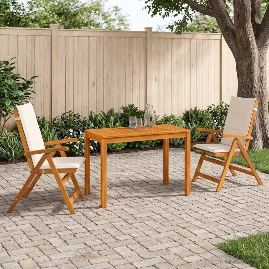 Set da pranzo per giardino e terrazzo vidaXL in legno di acacia massello oliato, colore marrone, con tavolo rettangolare e sedie con cuscini rimovibili resistenti alle intemperie