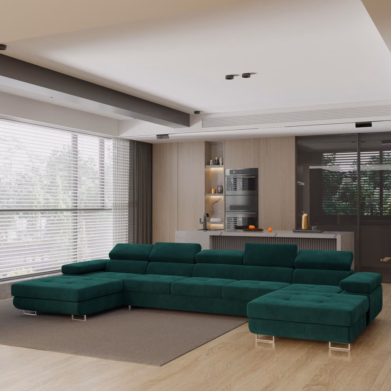 Divano angolare OMBRA di Masseno con funzione letto a U, divano con box letto, divano da soggiorno, divano, divano letto, set di divani - verde, MONOLITH 37