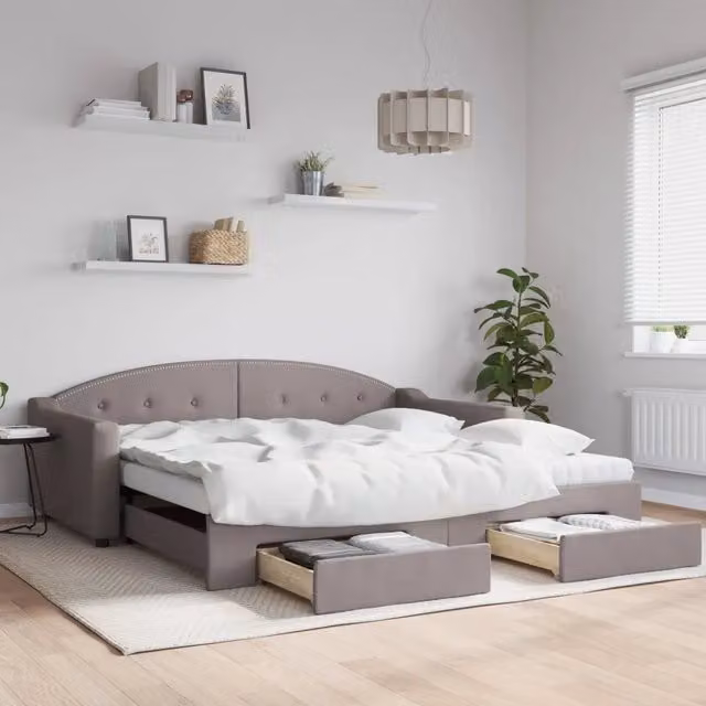 Divano Letto Estraibile con Cassetti vidaXL in Tessuto Beige e Grigio per Soggiorno e Camera da Letto L/P/H: 223 x 110 x 75 cm, Piano Letto: 100 x 200 cm – 1