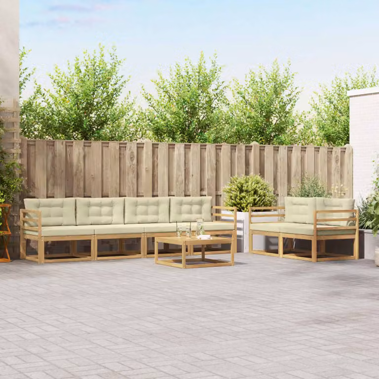 Set di divani da esterno vidaXL a forma di L in legno di acacia con cuscini, bianco e beige