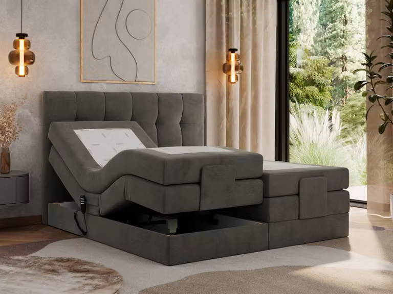 Letto a molle insacchettate MKS MEBLE 160 x 200 cm regolabile elettricamente Materasso a molle insacchettate a 7 zone con topper Letto 160 x 200 cm con motore Letto imbottito Letto motorizzato - Vittoria - Velluto grigio scuro - H3