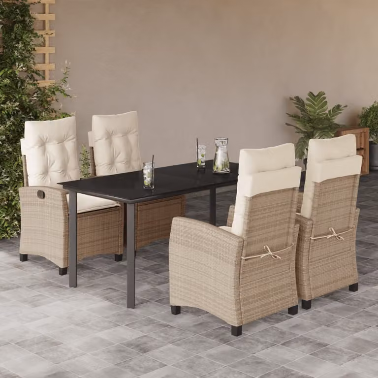 Set da Pranzo da Giardino 5 pz vidaXL in Polyrattan con Cuscini Beige e Tavolo in Vetro