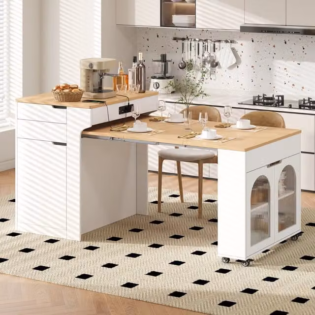 Carrello da cucina con piano estraibile, 2 cassetti, ripiani regolabili e prese, bianco, 55–153 × 80 × 93 cm