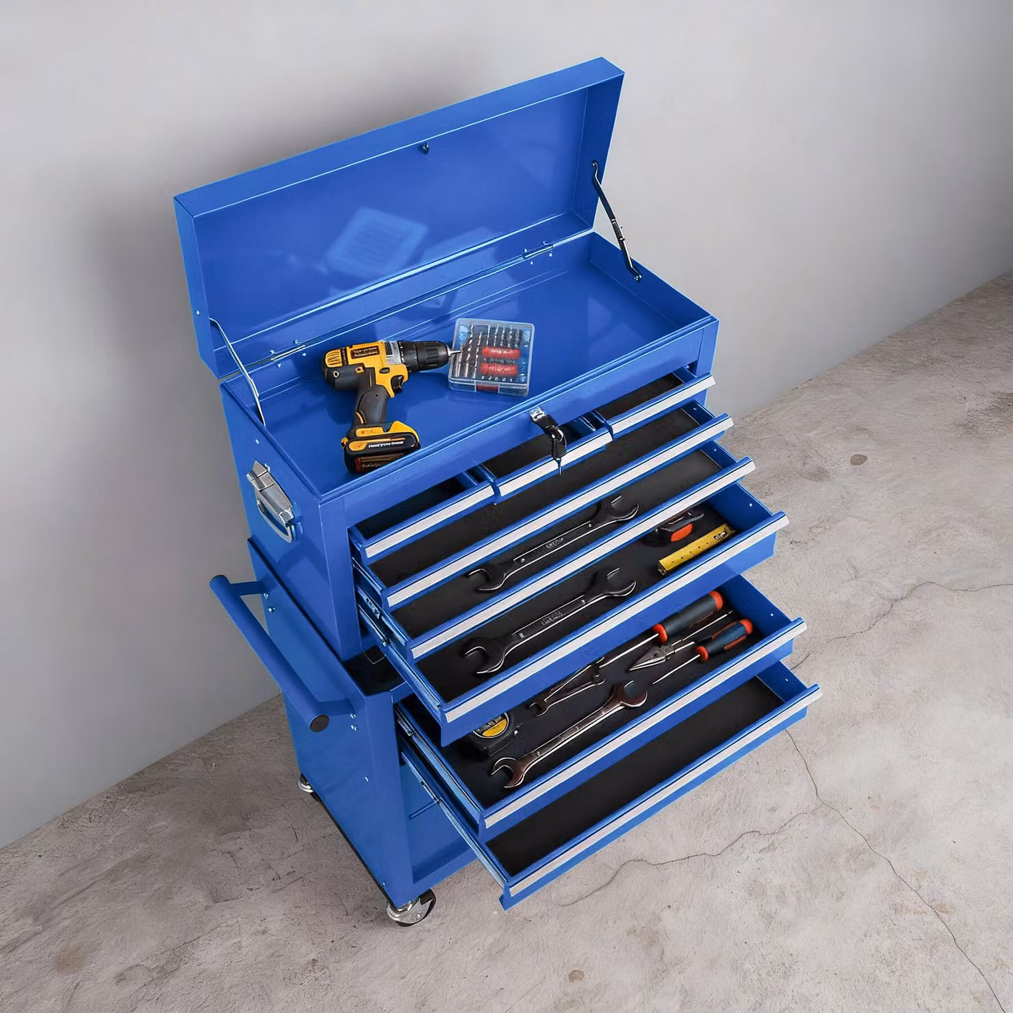 Carrello portautensili tectake in acciaio e plastica con ruote, blu, L: 82 cm, P: 44 cm, H: 90 cm – 2