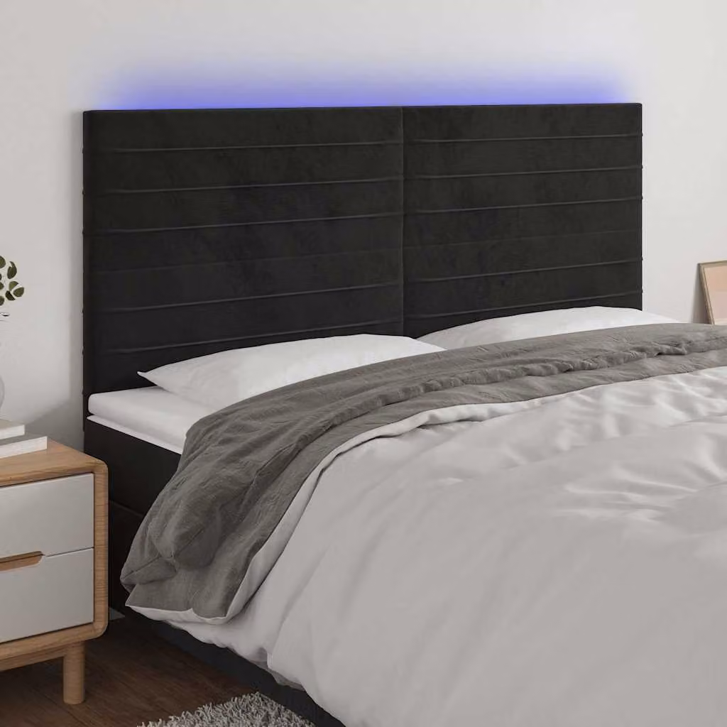 Testiera per letto vidaXL in velluto nero con illuminazione LED integrata e porta di ricarica USB, L 160 cm, H 118/128 cm, P 5 cm