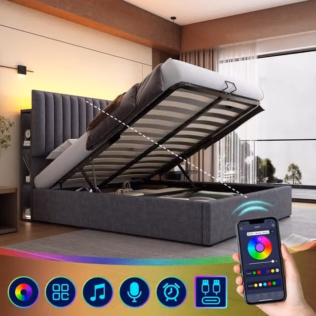 Letto matrimoniale 160x200 cm con contenitore, LED con app, ricarica USB-C, testiera regolabile, rete a doghe in legno, grigio, senza materasso