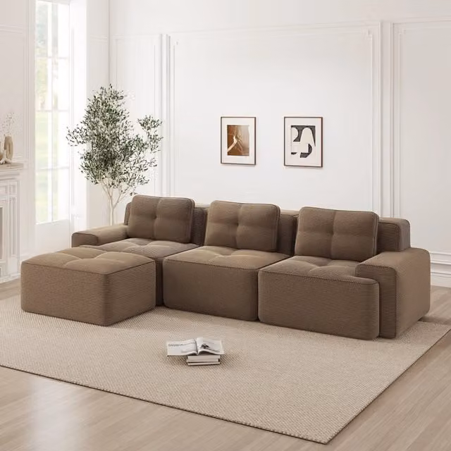 Divano Modulare Angolare 3 Posti con Poggiapiedi ¨C MINIMAL ¨C Velluto a Coste, Marrone