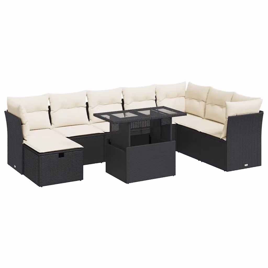 Set di divani da giardino vidaXL a forma di U composto da 9 pezzi con cuscini e tavolino in polyrattan nero e bianco – 2