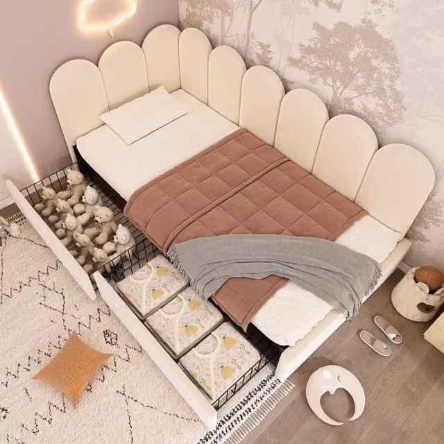 Letto da banco 90x200 cm Letto singolo con cassetti 2; lati reversibili; base a doghe; velluto beige