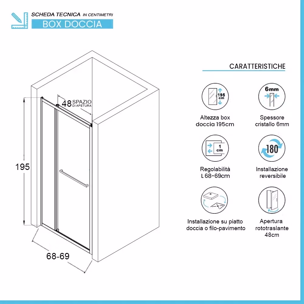 Porta doccia a nicchia Nerea INBAGNO in vetro temperato trasparente con profili cromo, rototraslante, L: 70 cm, P: 69 cm, H: 195 cm – 2