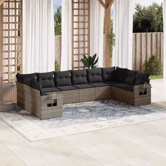 Set Divano da Giardino 10 pz con Cuscini Grigio in Polyrattan 3253007