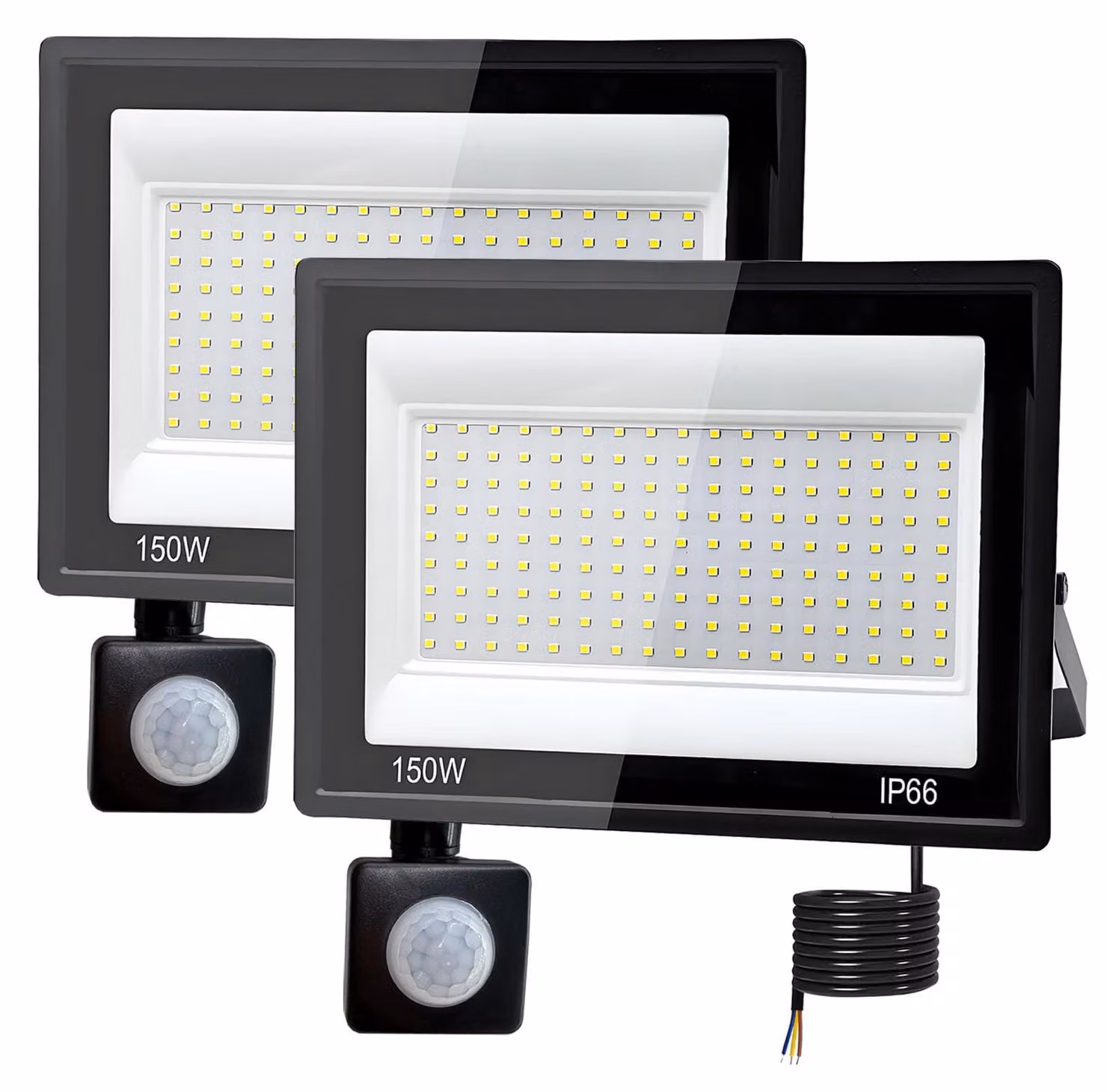 Confezione da 2 fari LED da 150W con sensore di movimento, 15000 lumen, grado di protezione IP66, temperatura di colore 6500K