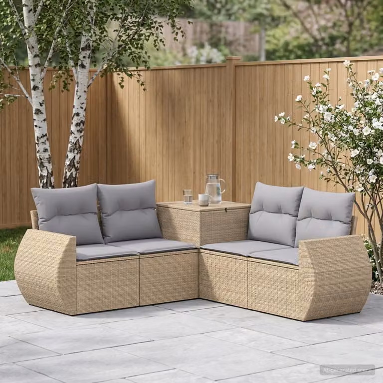 vidaXL Set di divani da giardino a forma di L in polyrattan con cuscini Beige e Grigio