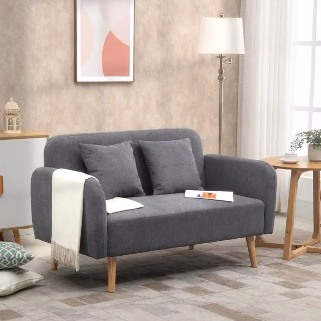 Divano moderno a 2 posti WISHDOR in tessuto grigio con 2 cuscini e struttura in legno L: 130 cm, P: 80 cm, H: 70 cm