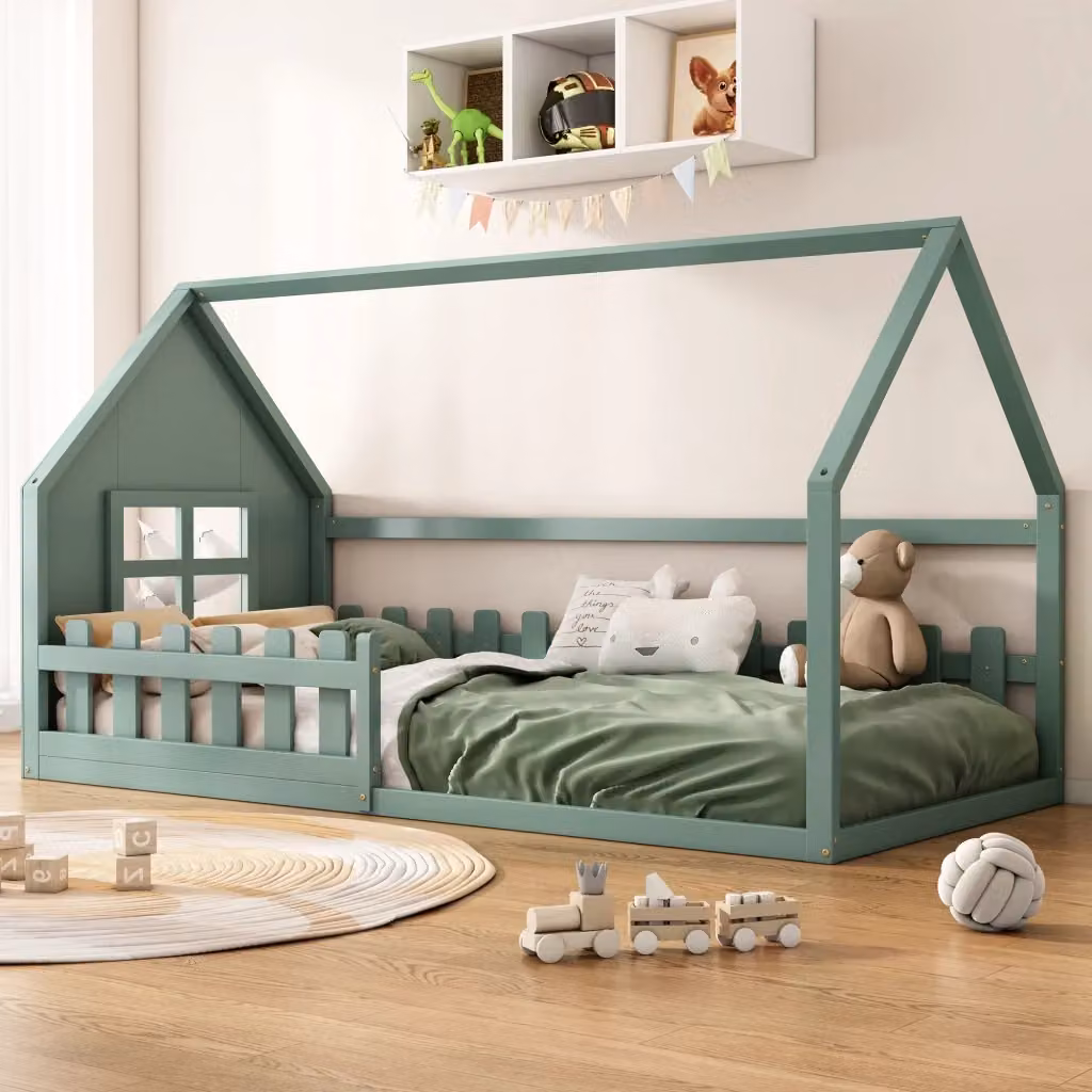 Letto a Casetta Singolo per Bambini in Pino e MDF, Verde, L/P/H: 90 x 200 x 140 cm – 2
