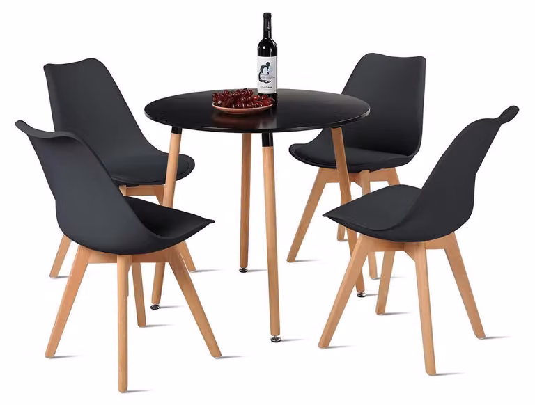 Tavolo rotondo da cucina con 4 sedie, in MDF/legno di faggio, colore nero, diametro del tavolo 80 cm