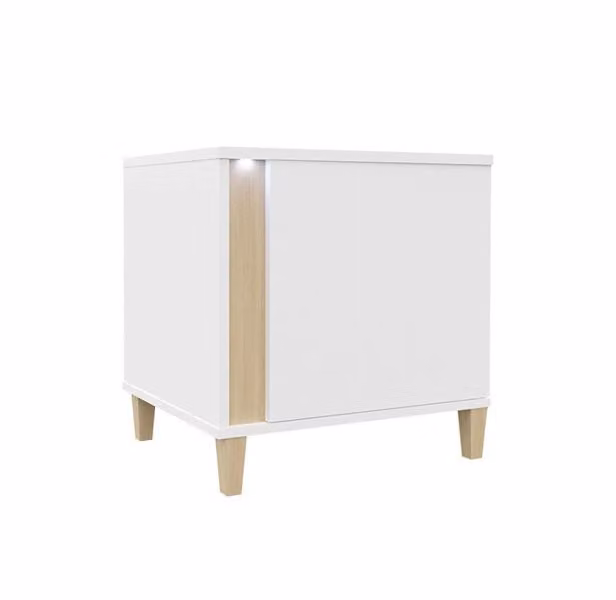 Comodino con illuminazione a LED BANTRY - bianco / bianco lucido / impiallacciatura naturale, sinistro