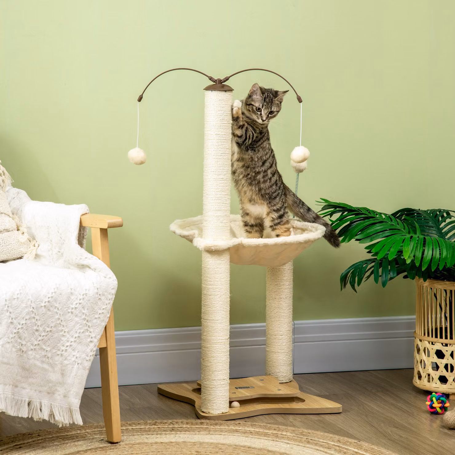 Albero Tiragraffi per Gatti PawHut Aosom con Amaca e Giochi Integrati, Pali in Sisal e Struttura in MDF, Beige, L 53.5 x P 53.5 x H 90 cm – 2