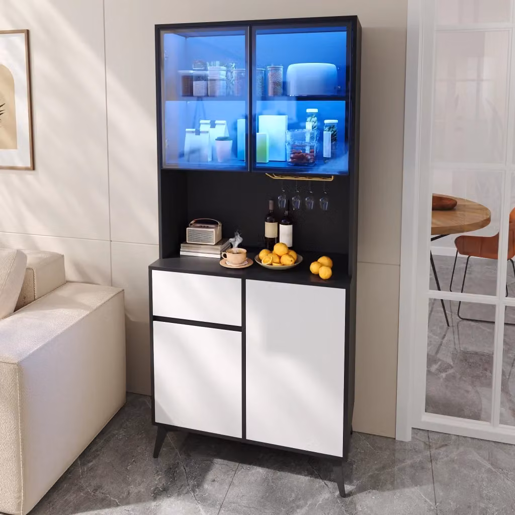 Credenza alta bianco e nero con luci LED e porta calici, vetrina moderna per soggiorno e mobile bar in MDF, L: 80 cm, P: 40 cm, H: 180 cm – 2