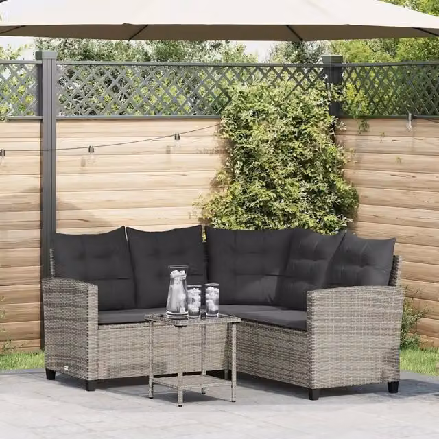 Divano da Giardino con Tavolo e Cuscini a L Grigio Polyrattan 4103874