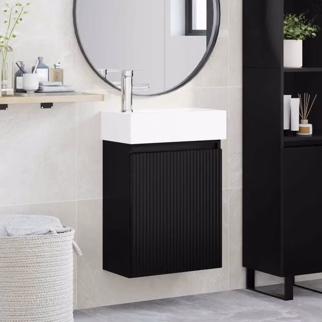 Mobile bagno sospeso vidaXL con rubinetto nero e lavabo in ceramica, L 45,5 cm x P 22,5 cm x H 84 cm – 1