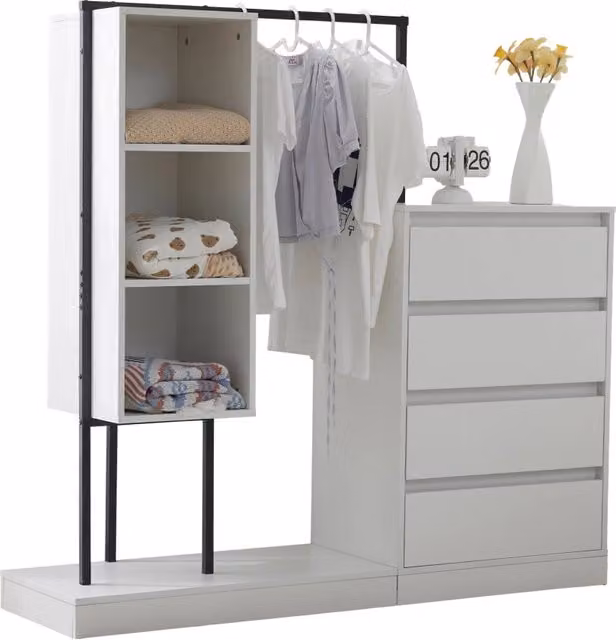 Set di mobili da soggiorno con armadio, 4 cassetti, 3 ripiani aperti e barra appendiabiti in truciolare bianco