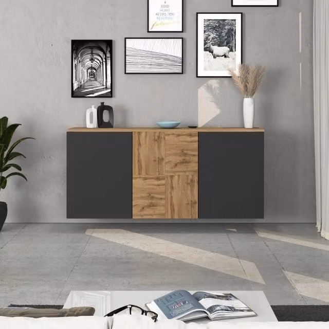 WHOUS Credenza sospesa Iseo con 3 ante e 6 scomparti interni antracite opaco e rovere 150x35x70 cm