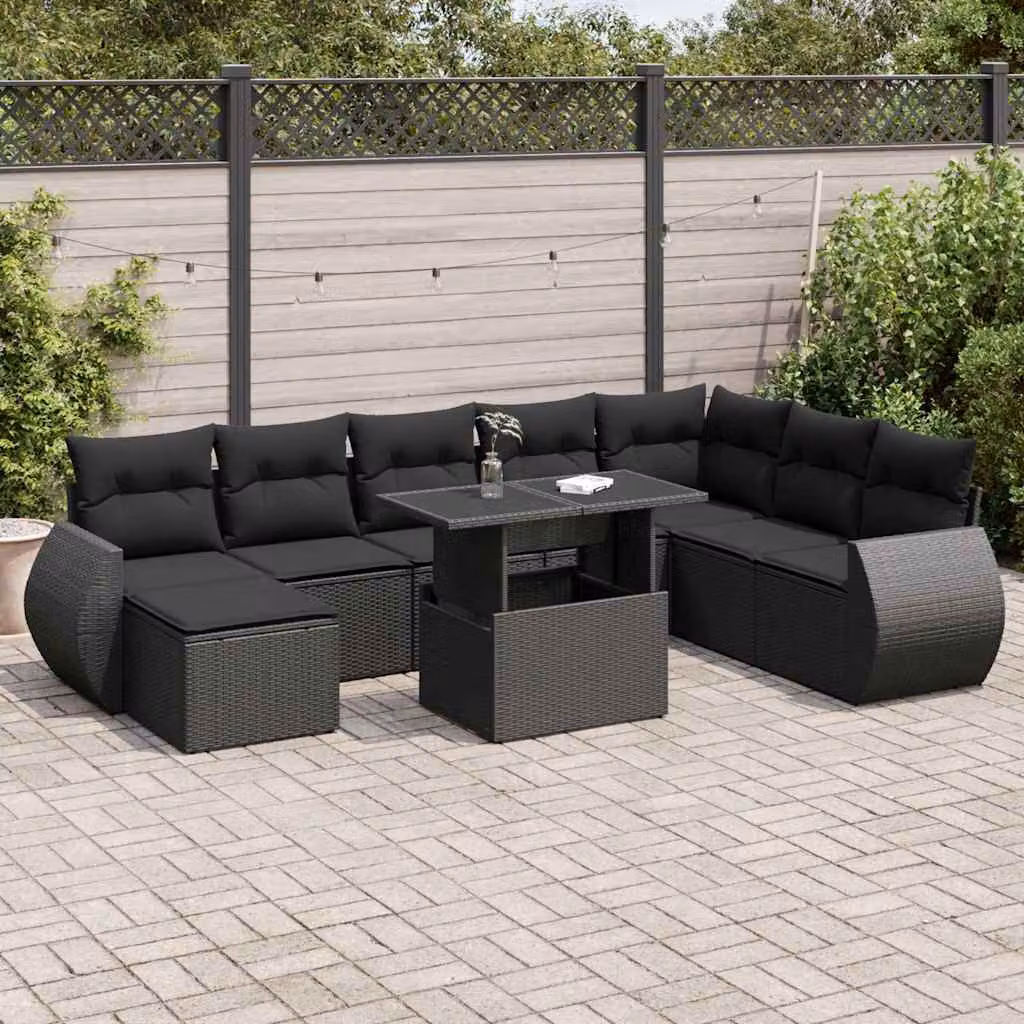 Set Divani da Giardino vidaXL 9 pz in Polyrattan Nero con Cuscini e Tavolino da Esterno