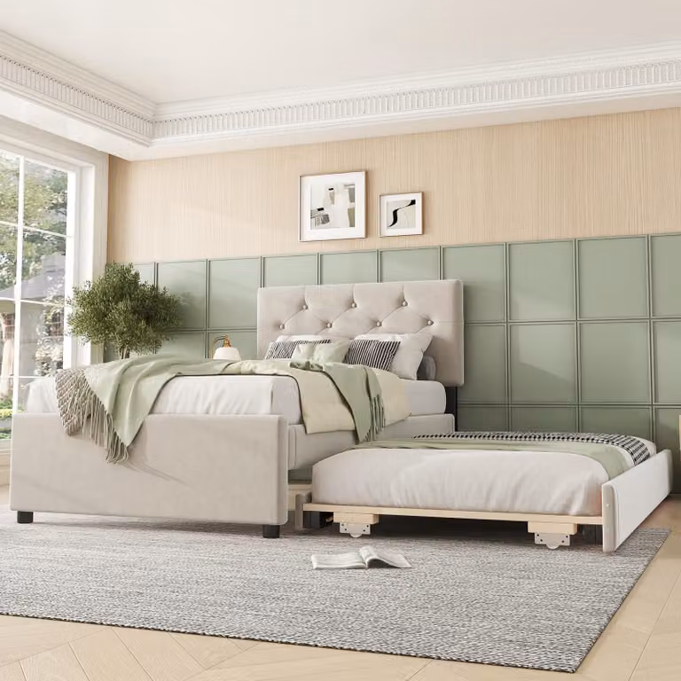Letto imbottito Flieks 90x200cm con letto estraibile, letto singolo letto per ragazzi letto per bambini con rete a doghe, letto in legno letto funzionale letto da giorno, velluto, beige