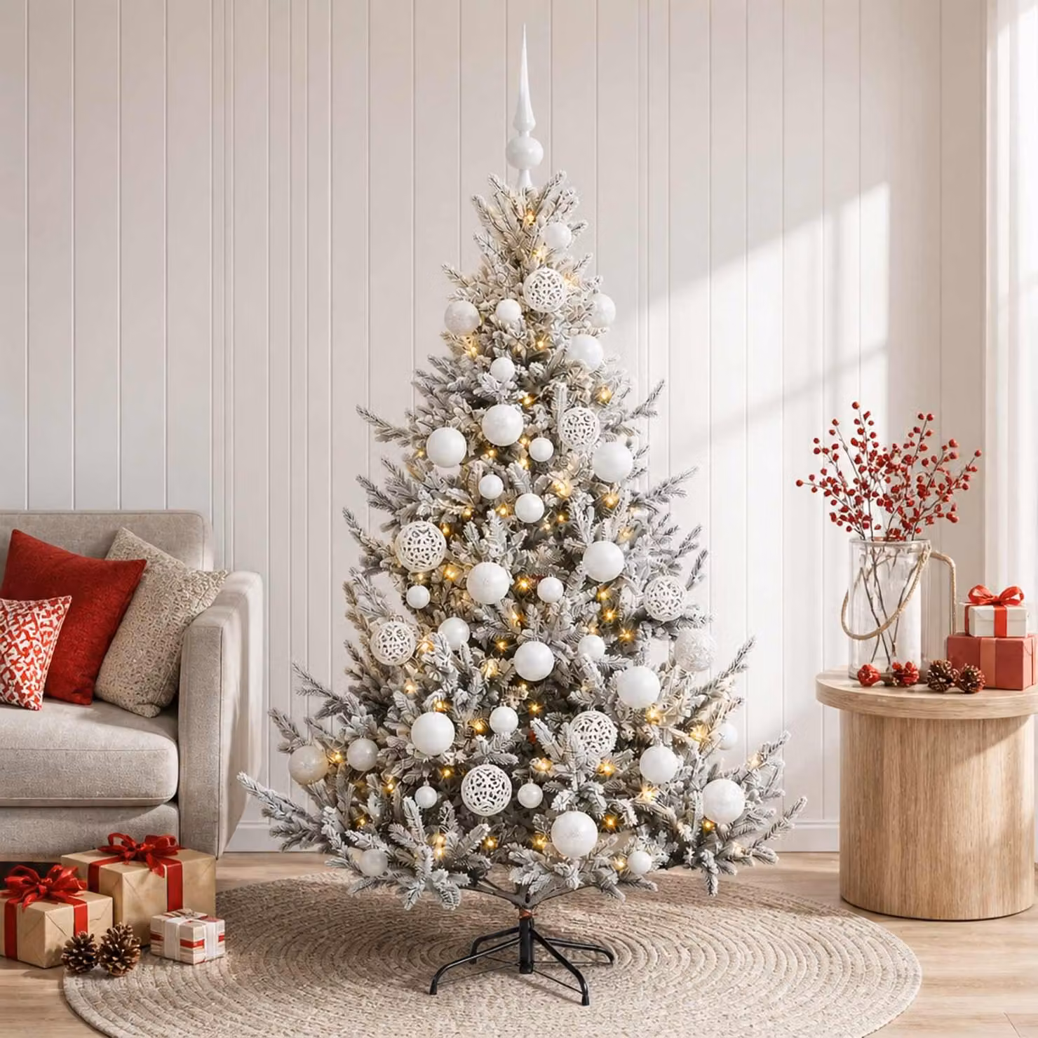 Albero di Natale artificiale moderno vidaXL verde con 150 LED bianco caldo e decorazioni bianche, Altezza: 120 cm