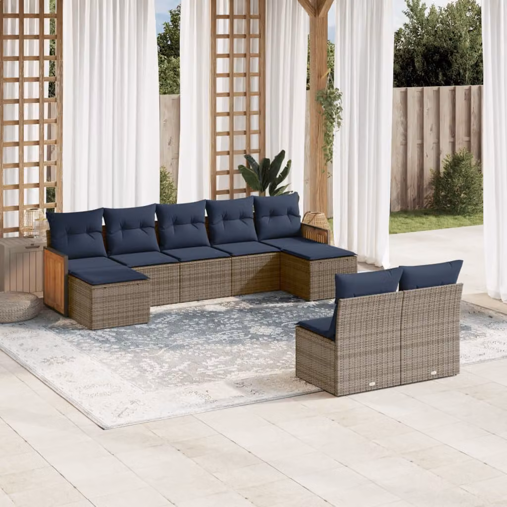 Set di divani da giardino vidaXL in polyrattan 9 pezzi con cuscini grigi e blu, design moderno a forma di U per esterno con struttura in acciaio e legno di acacia