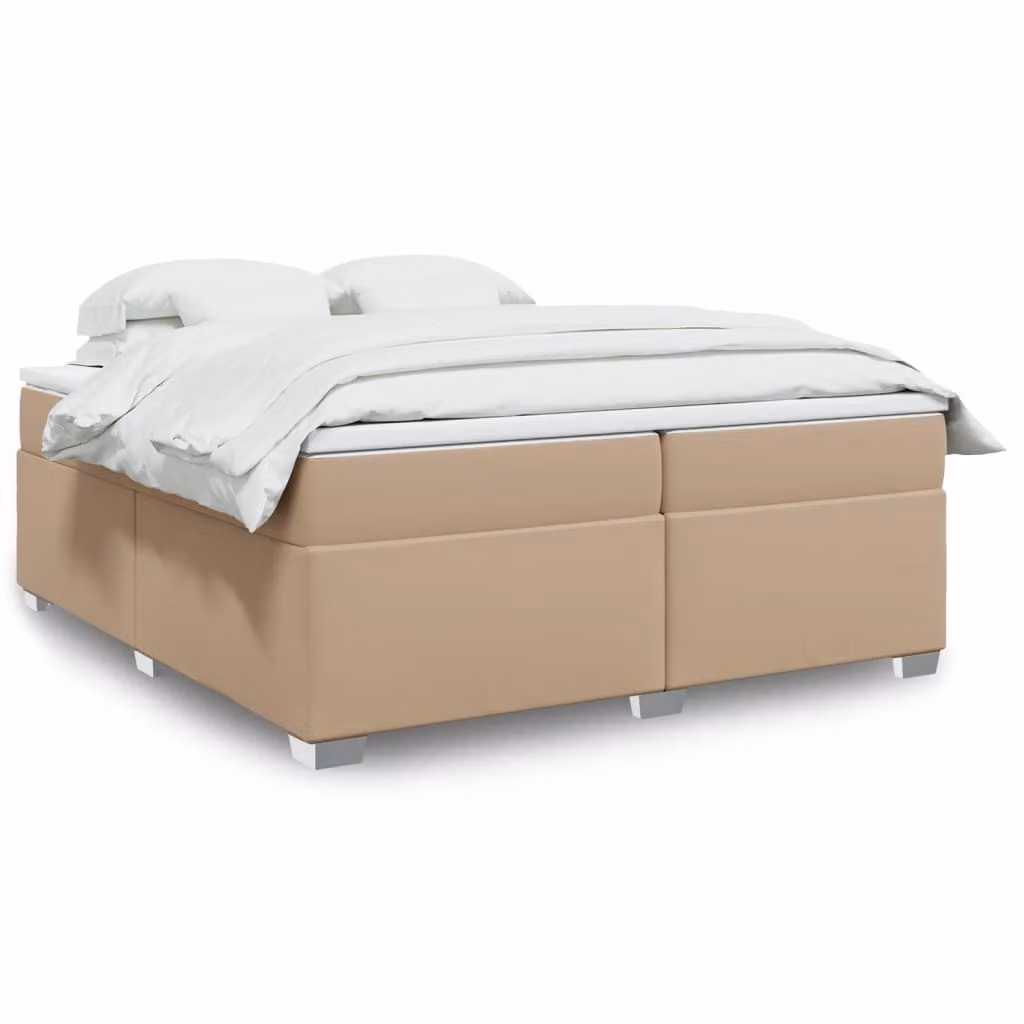 Letto con boxspring e materasso, colore cappuccino, dimensioni 200x200 cm, rivestito in ecopelle