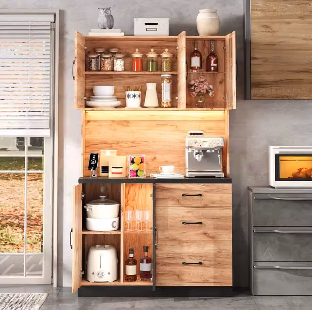 Credenza cucina moderna 105x40x180 cm in MDF; nero effetto legno con LED e prese