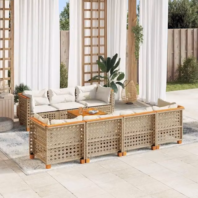 Set Divano da Giardino 8 pz vidaXL in Polyrattan Bianco e Beige con Cuscini e Tavolino da Esterno a Forma di L
