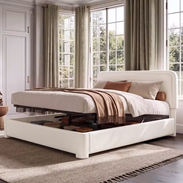 Letto contenitore matrimoniale 160 × 200 cm con vano idraulico, testiera regolabile, senza materasso, bouclé bianco