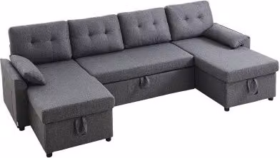 Divano Letto a Forma di U VEVOR Grigio con Struttura in Metallo e Rivestimento in Lino, Completo di 2 Cuscini e 2 Tasche Laterali, L: 287,0 cm, P: 145,0 cm, H: 91,0 cm