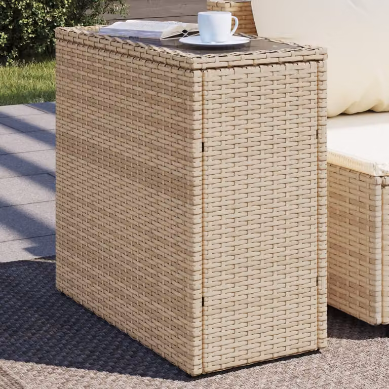 vidaXL Tavolino da Giardino Moderno in Polyrattan con Piano in Vetro, Beige, L: 58 cm, P: 27,5 cm, H: 55 cm