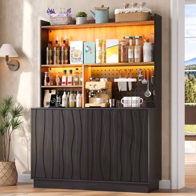 Credenza da cucina 120x43x160 cm con LED RGB e prese in MDF nero naturale
