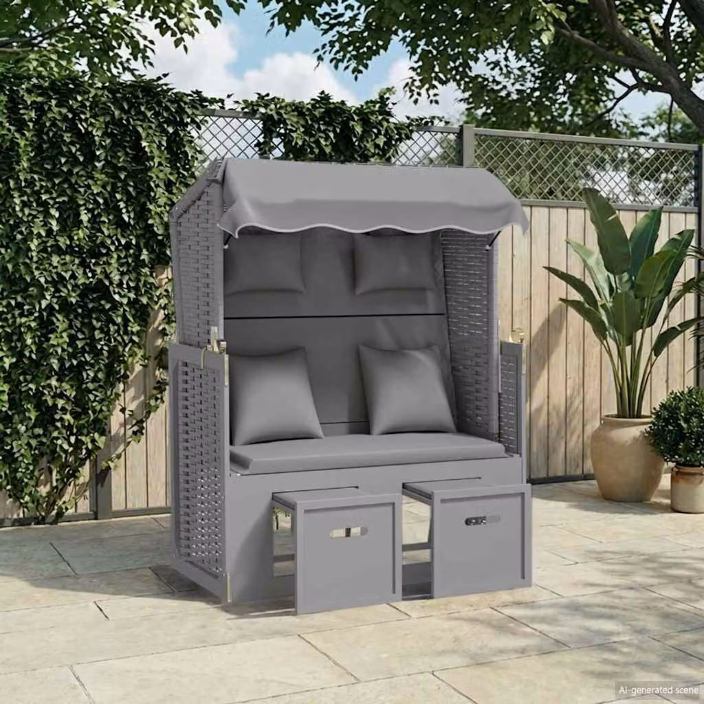 vidaXL Strandkorb in Polyrattan e Legno di Abete Grigio con Cuscini e Tendalino