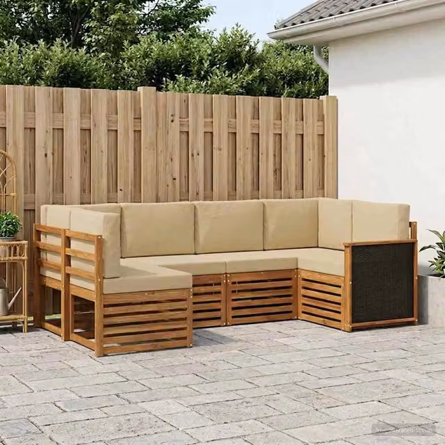Set di divani da esterno a L vidaXL in legno di acacia con cuscini beige e marroni per giardino e terrazza – 1