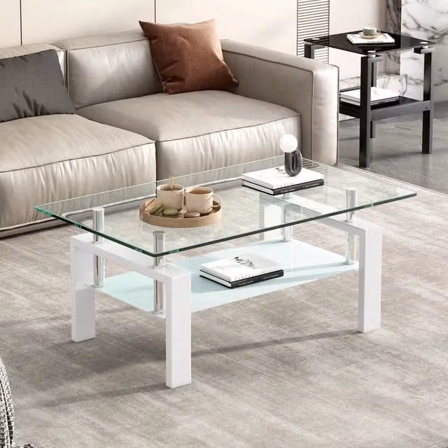 Tavolino da caffè Minimal per salotto in vetro temperato bianco L: 100 cm, P: 50 cm, H: 45 cm – 1