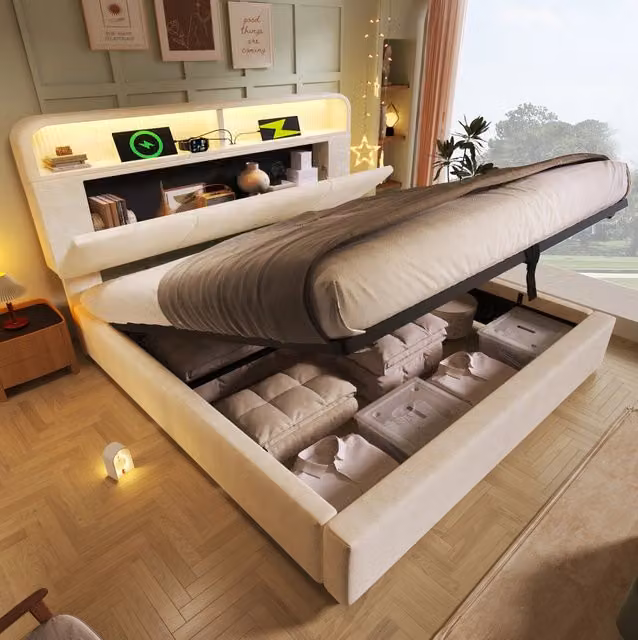 Letto matrimoniale 140x190 cm con contenitore; testiera regolabile con LED e USB/Type-C; velluto beige