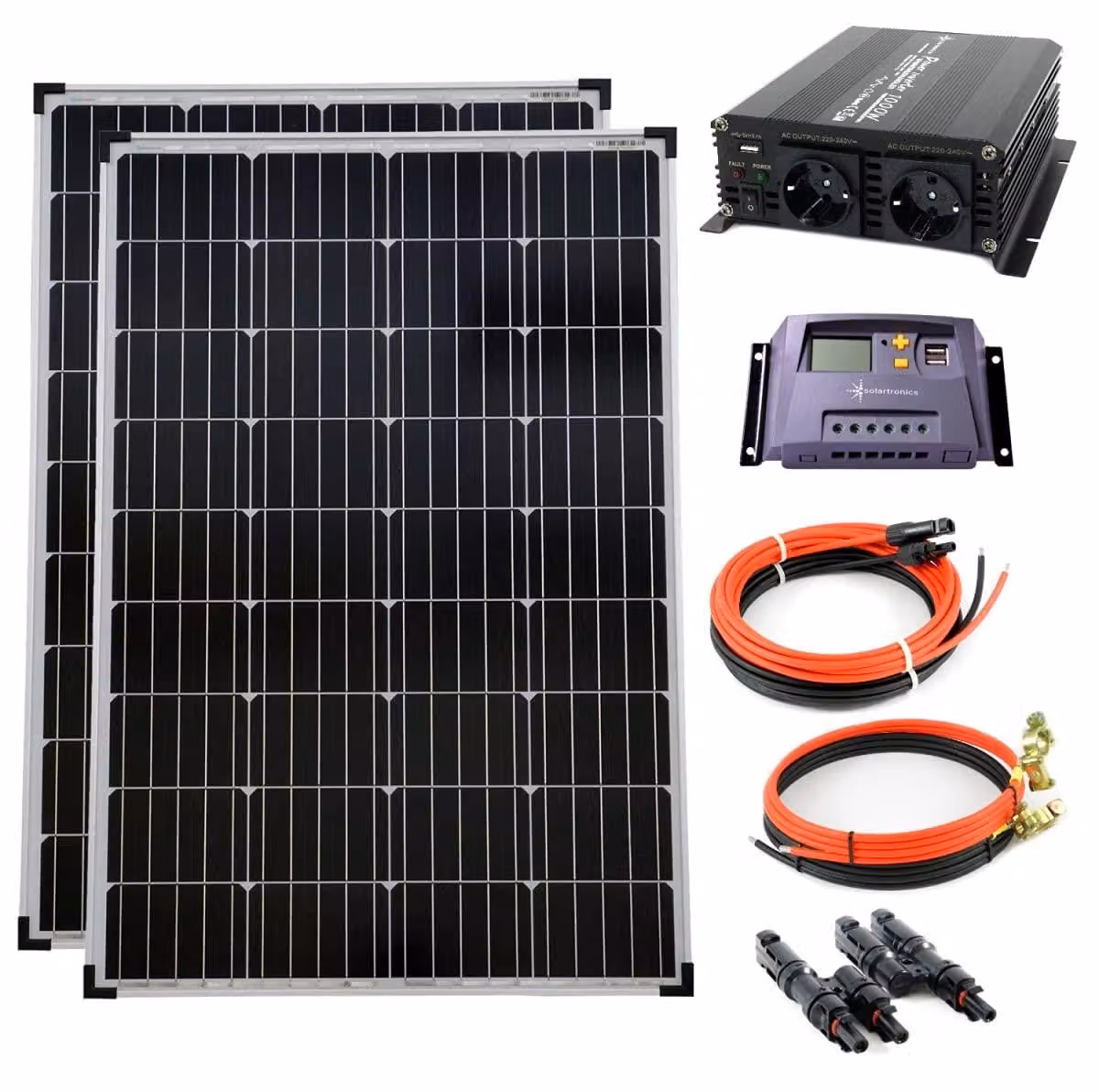 Kit pannelli solari - 2 x 100 Watt - Sistema a 12 Volt - 1000 mm - Struttura in alluminio - Tecnologia solare monocristallina
