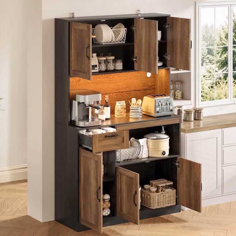 Mobiletto da cucina STILVORA con illuminazione a LED e prese, armadio alto con 6 ante e 1 cassetto, mobiletto contenitore per soggiorno e sala da pranzo