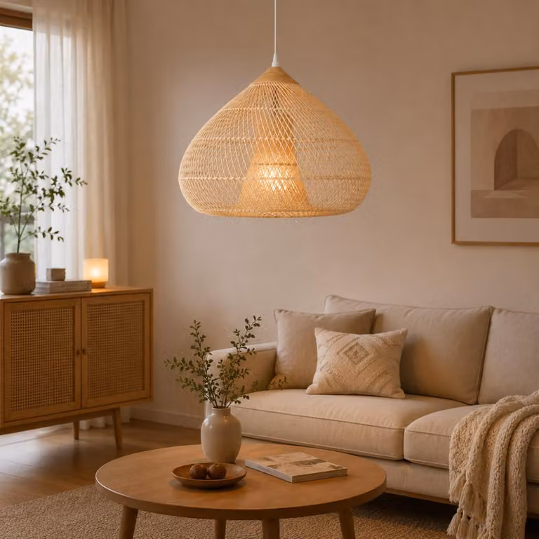 Lampada a sospensione in rattan, 60 cm - Tessitura naturale intrecciata a mano - Attacco E27 - Illuminazione per interni - Stile bohémien