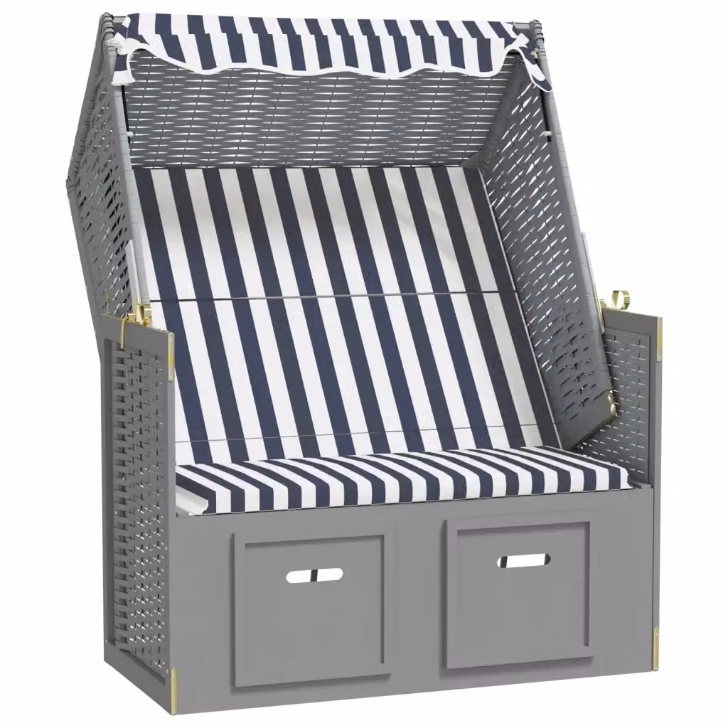 Sedia a sdraio Strandkorb vidaXL in polyrattan e legno con tendalino e cuscini, fantasia a righe blu, bianco e grigio per giardino – 2