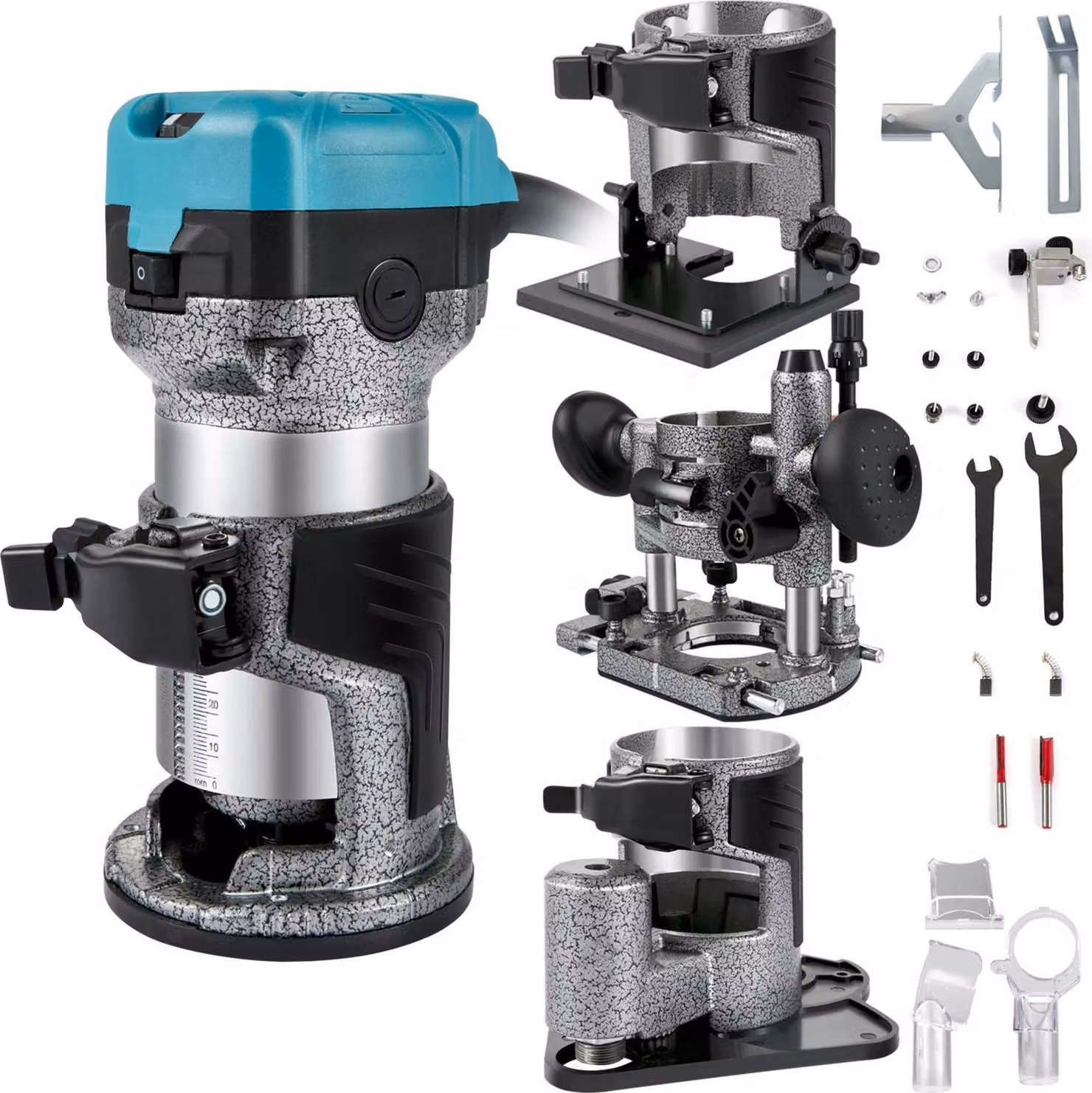 Fresatrice per legno, potenza 710 W, velocità 13000-33000 giri/min, materiale in lega di alluminio, 4 basi